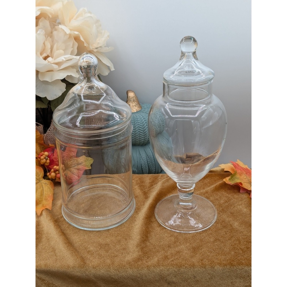 Set of 2 Vintage Clear Glass Apothecary Jars with Lids Pedestal & Cylinder 9"